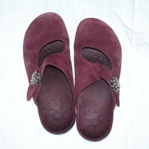 Vionic Maroon Suede Rest Joan Mules with Crystal flower Accent Velcro Strap Si